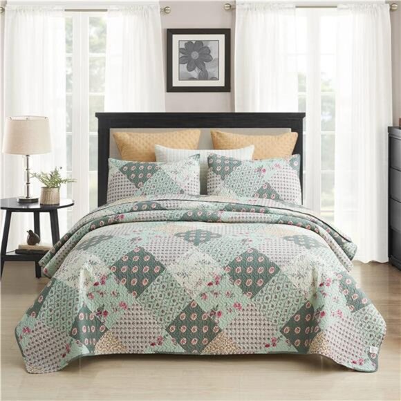 Quilt Set, 3-Piece Quilt Sets with 2 Pillow Shams - Boho Reversible Soft - Picture 1 of 7